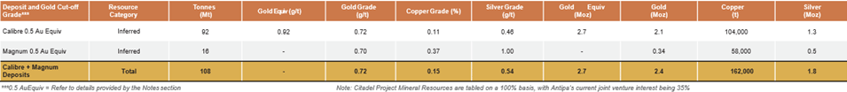 Citadel Project - Mineral Resources Summary